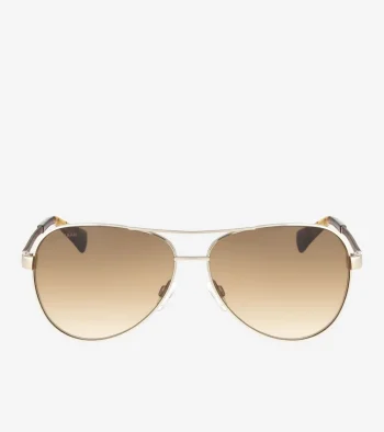 Discount Cole Haan Metal-Leather Aviator Sunglasses Gold