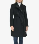 Hot Cole Haan Moulded Collar Slick Wool Belted Coat Black
