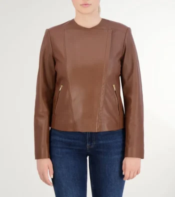 Discount Cole Haan Women's Asymmetrical Leather Jacket HickoryBrown