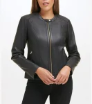 New Cole Haan Women's Collarless Leather Jacket Black