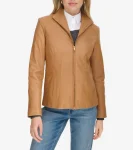 Sale Cole Haan Women's Wing Collar Leather Jacket Hazelnut