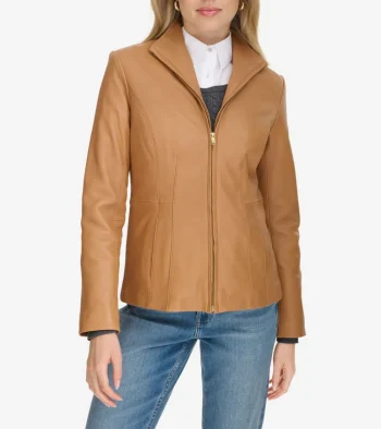 Sale Cole Haan Women's Wing Collar Leather Jacket Hazelnut